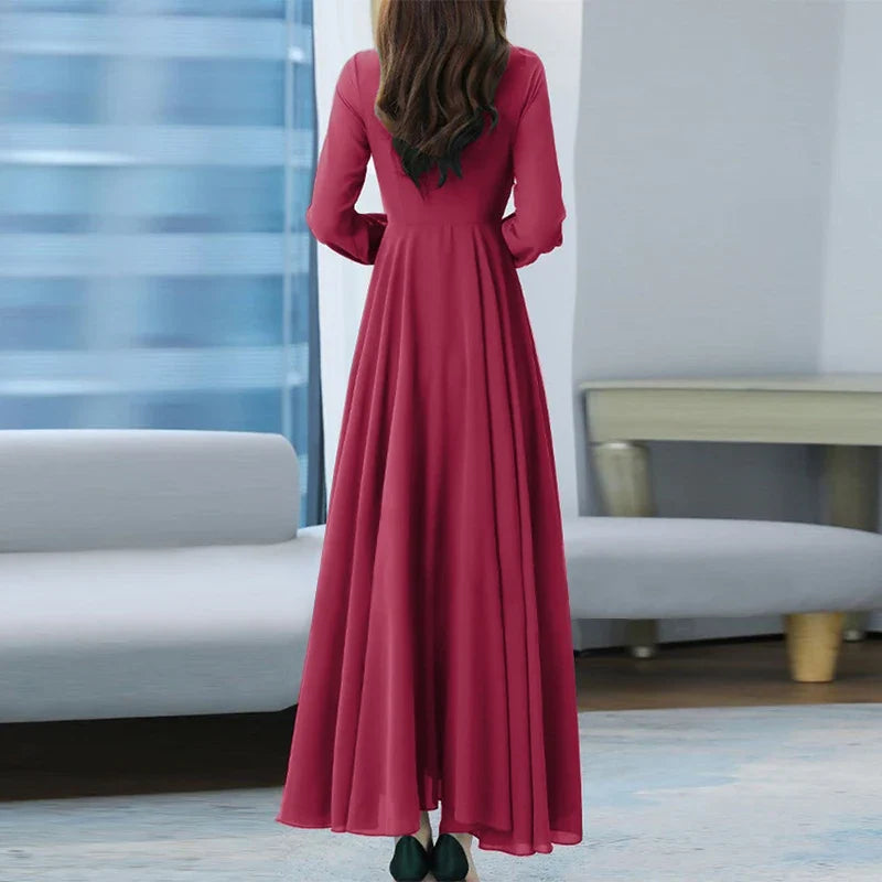 Women Long Sleeve A-line Sundress Spring Long Dress Autumn Solid Party Holiday Maxi Dresses Vestidos Femme Vintage Robe