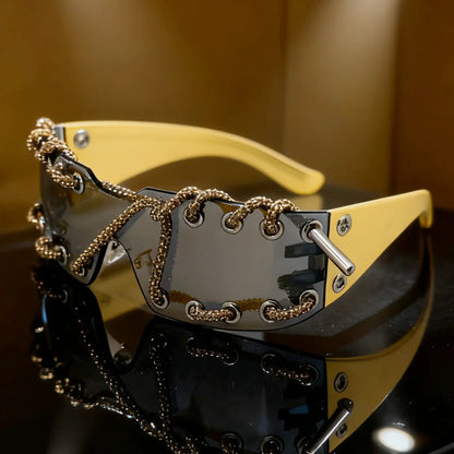 Punk Y2k sunglasses women Frameless  Sunglasses Crystal Chain One-piece Party Shades Bling Streetwear Luxury Accessories