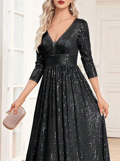 Luxury V Neck Long Sleeves Blue Sequins Formal Evening Dress Women 2025 Wedding Party Prom Maxi Cocktail Dress Gowns