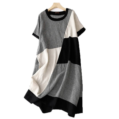 Summer Casual Loose Women's Plaid Linen Dr Design Sense Color Blo Mid-Length Slimming A-Line Skirt Korean Sle Commute