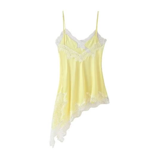Satin Sexy Lace Spliced Short Sling Dress Women Sleeveless Backless Asymmetric Sexy Party Dresses 2025 Autumn Lady Dress
