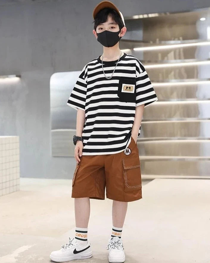 Stripes Children's Outdoor Clothes 4 Years Clothing Suit for Kids Boys Top Bottom Set Junior Shorts Summer Boy Child T-shirt 7 8