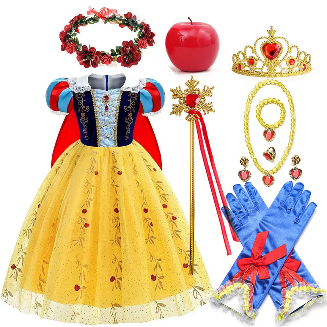 2026 Disney Girl Cosplay Snow White Dress Yellow Luxury Costume With Cloak Holiday Party Gift For Girl Dress + Apple Accessories