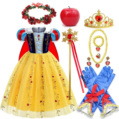 2026 Disney Girl Cosplay Snow White Dress Yellow Luxury Costume With Cloak Holiday Party Gift For Girl Dress + Apple Accessories