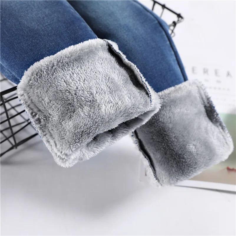 Women Thermal Jeans Winter Snow Warm Plush Stretch Jeans Lady Skinny Thicken Fleece Denim Long Pants Retro Blue Pencil Trousers