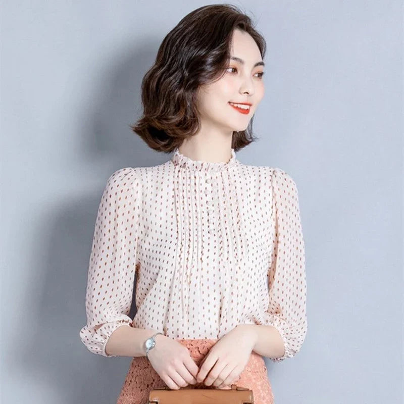 Women Spring Autumn Style Chiffon Blouses Shirts Lady Casual Long Sleeve O-Neck Polka Dot Printed Chiffon Blusas Tops DD8879