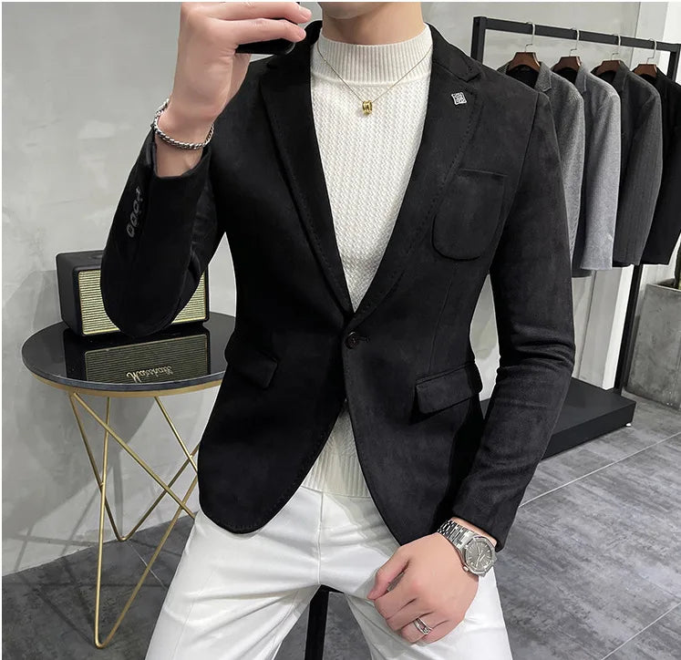 Men's Deerskin Fleece Suit Jacket 2025 Spring New High Quality Single Button Slim Fit Business Casual Suit Coat  Men Clothing