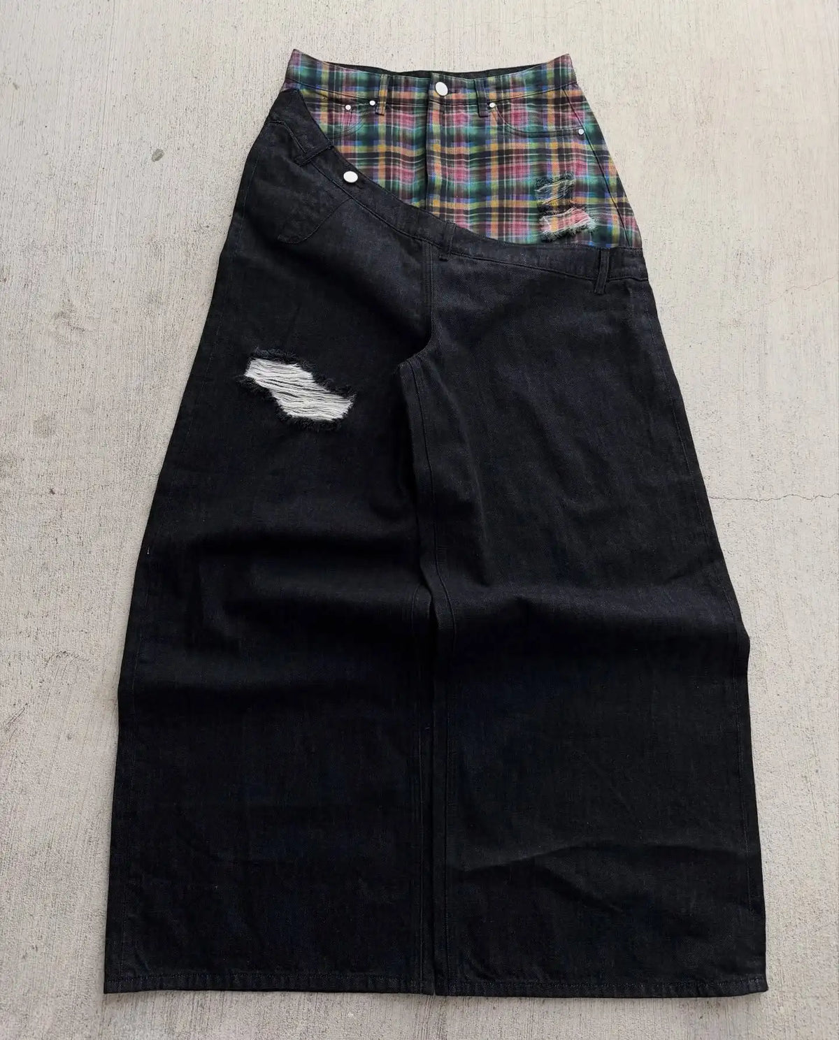 Y2k Slanted Runway Baggy Jeans Retro Plaid Patchwork Men Women Wide Leg Pants American Hip Hop Streetwear Unisex Casual Jeans