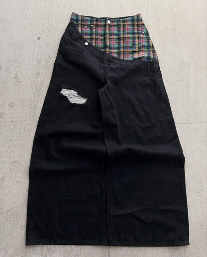 Y2k Slanted Runway Baggy Jeans Retro Plaid Patchwork Men Women Wide Leg Pants American Hip Hop Streetwear Unisex Casual Jeans