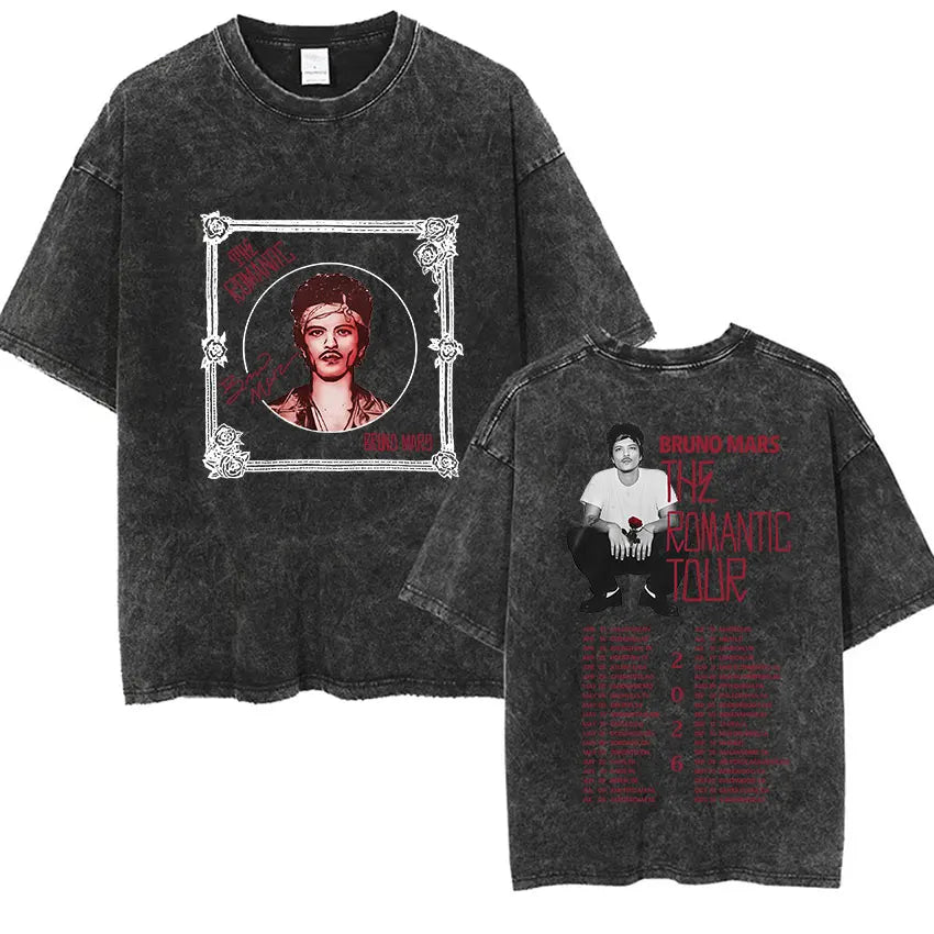 Bruno Mars The Romantic Tour 2026 Vintage Washed T Shirts Men's Women Punk Gothic Fashion Cotton Short Sleeve T-Shirt Streetwear