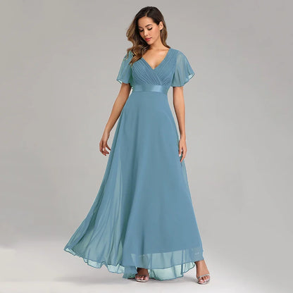 Evening Dresses Elegant V-Neck Ruffles Chiffon Formal Evening Gown  Robe Vestidos De Fiesta Dress for Wedding Party