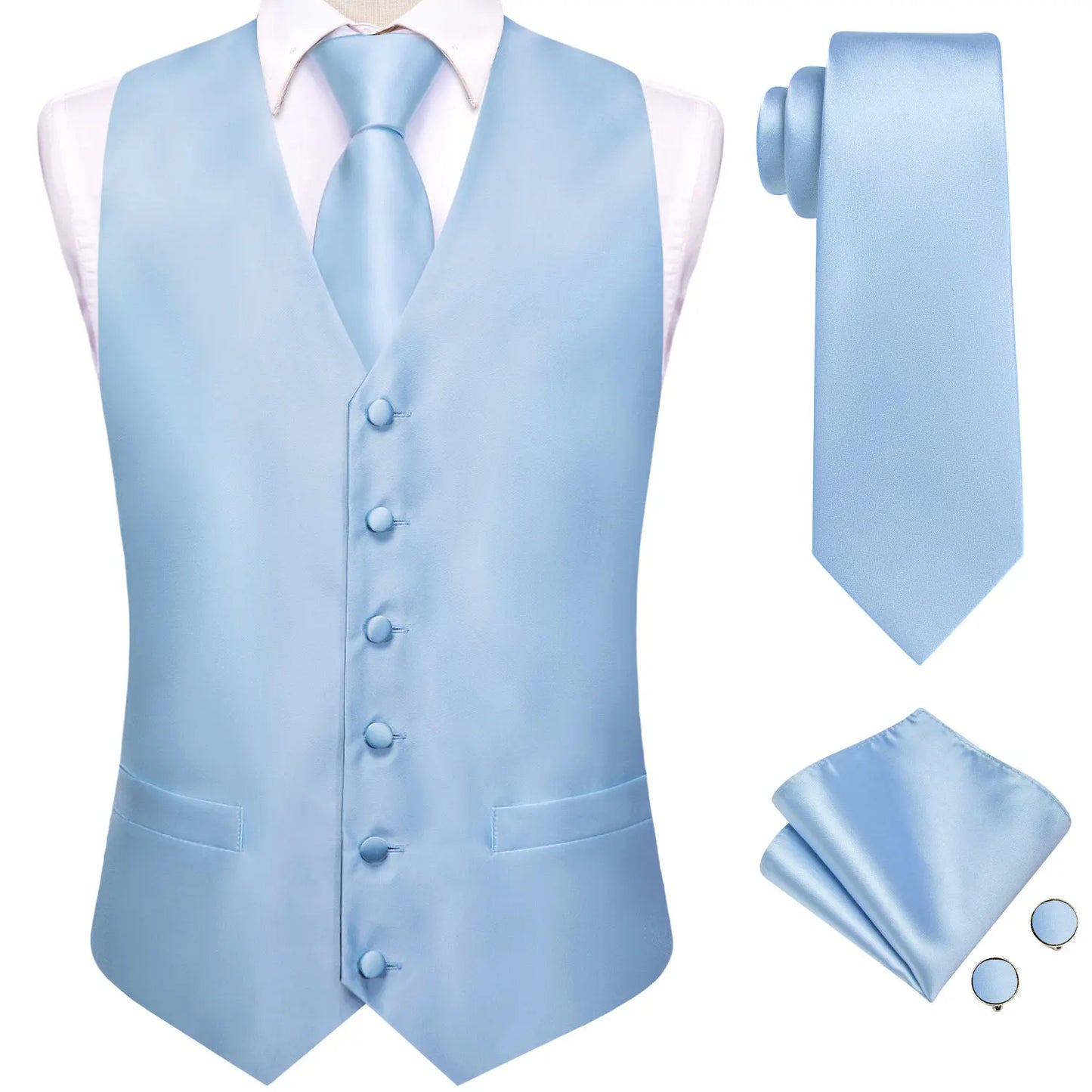 Light Blue Solid Satin Waistcoat 4-In-1 Kit Tie Square Cufflinks For Spring Bridal Shower Outdoor Wedding