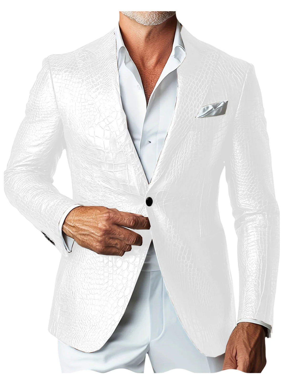 Luxury Men's Crocodile Embossed Leather Blazer Notch Lapel Suit Fit 1 Button Jacket Shiny Croc Print Formal Business Party Coat