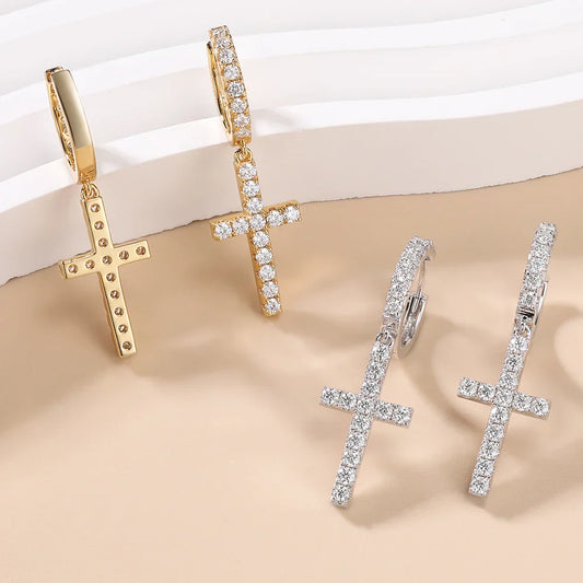 Moissanite Cross Drop Pedant Earrings for Women S925 Sterling Silver Diamond Hoop Earrings 18K Gold Plated Fine Jewelry