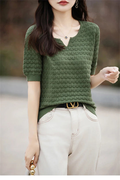 Women's T-shirt Summer New 100% Pure Cotton Tees Casual Solid Knitted Short sleeved V-neck Pullover Loose Tops Fashion Sweater