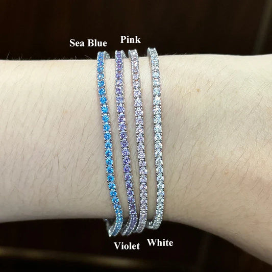 Bracelet tennis femme en argent S925, entièrement serti de zircon 5A 2mm violet, rose, bleu, blanc et de toutes les gemmes de carbone élevé colorées