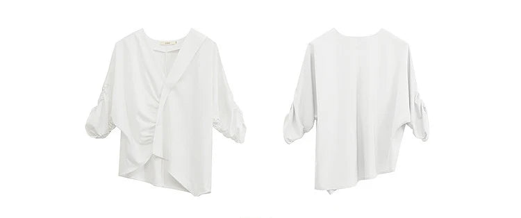 Women's Blouse 2026 Summer New V-Neck Asymmetric Pleated Mid Sleeve Shirt Relaxed Fit Office Casual Top For Women 12622117