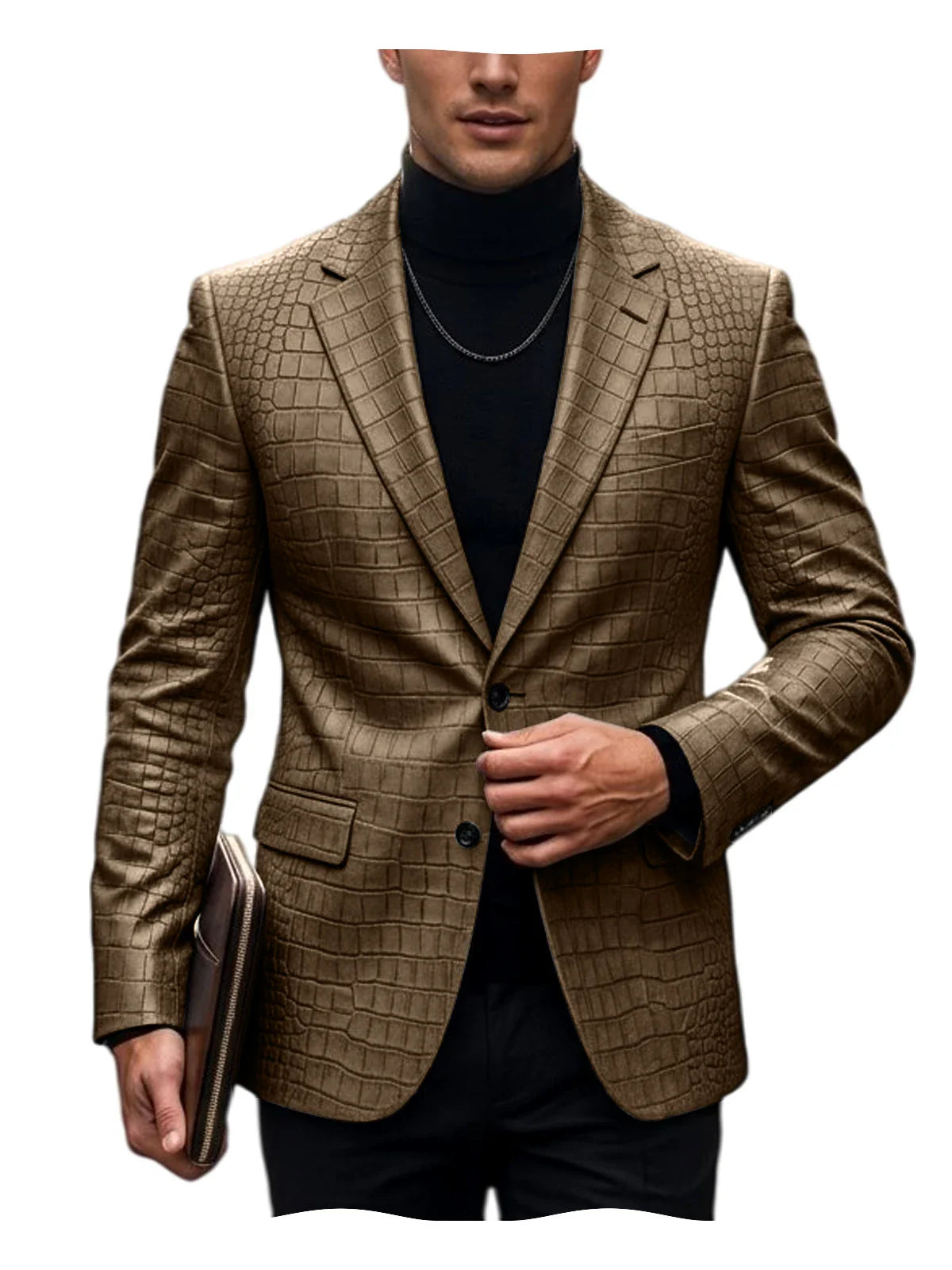 Men's Crocodile Embossed Leather Blazer British Vintage Notched Lapel Slim Fit Business Suit Jacket Two Button Flap Pockets Coat