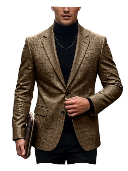 Men's Crocodile Embossed Leather Blazer British Vintage Notched Lapel Slim Fit Business Suit Jacket Two Button Flap Pockets Coat