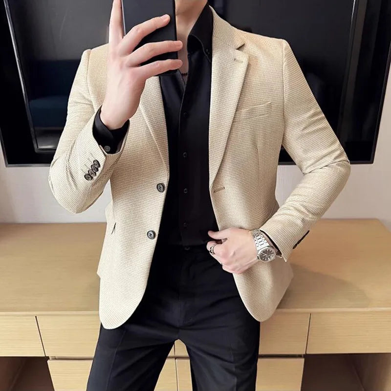 Bright Silk Thousand Bird Grid Suit Jacket Korean-style Business Fashion Slim Fit Single Breasted Men Social Party Dress Coats