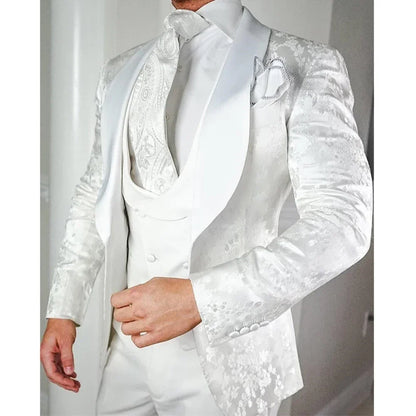 Elegant White Suits for Men Fashion Shawl Lapel Jacquard Male Suit Luxury Formal Party Prom Groom Wedding Tuxedo 3 Piece Set