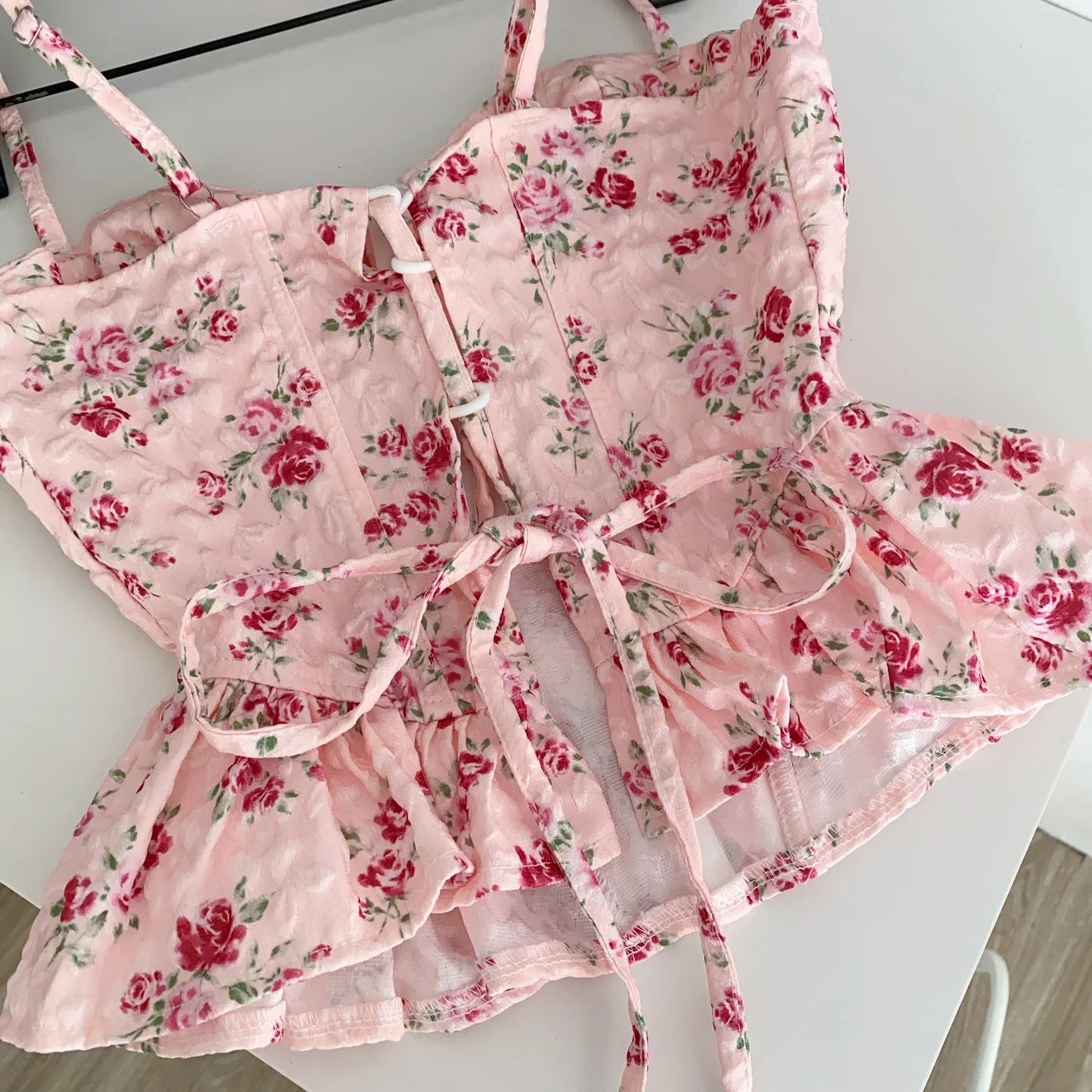 French Corset Print Beach Tank Top Female Strap Irregular Slim Hotsweet Camis Streetwear Vacation Bohe Sexy MIni Top