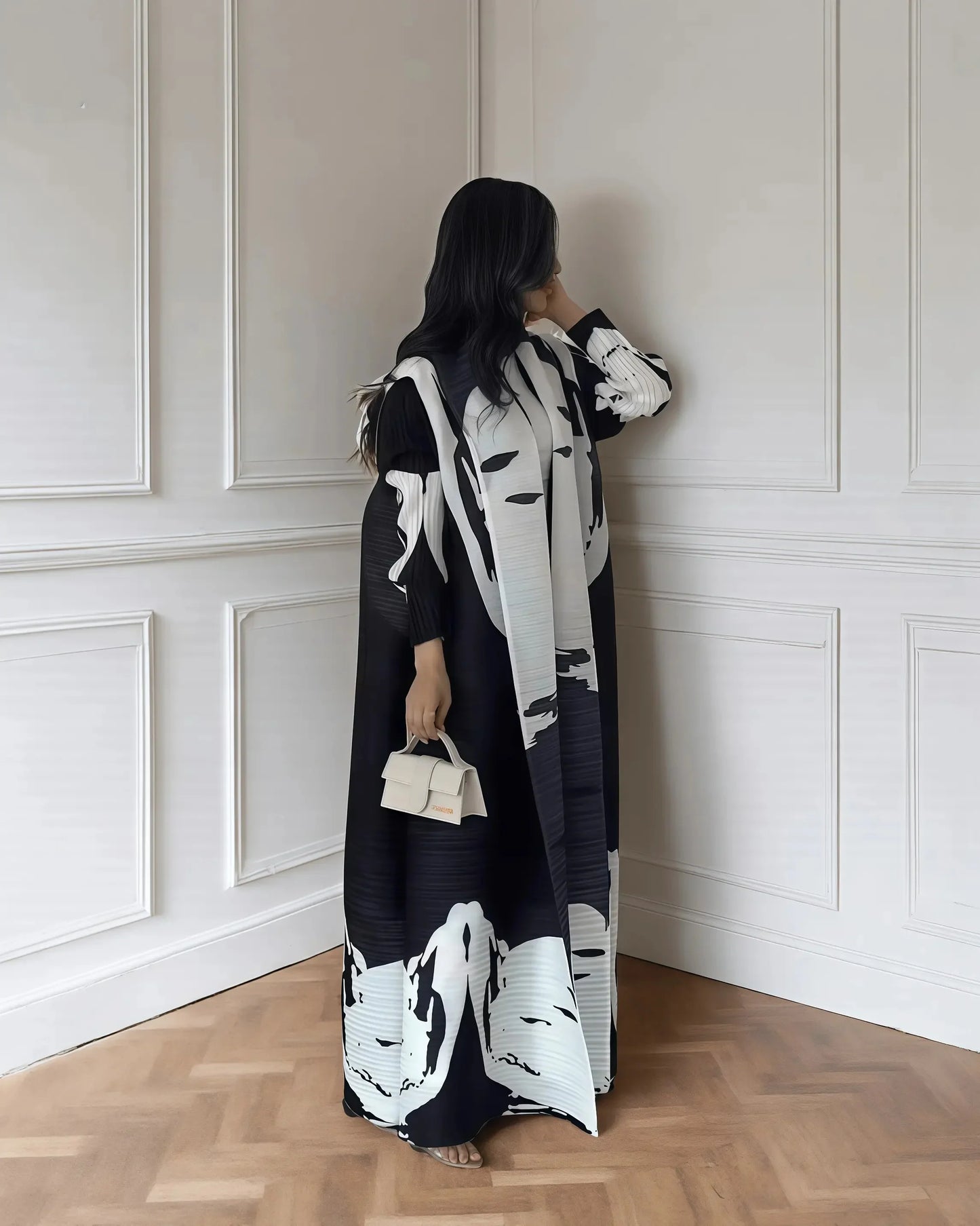 Women's Fold Miyake Pleated Abaya Long Sleeve Print Foldable Collar Robe Cardigan Coat New Winter Fashion Original Design 2026