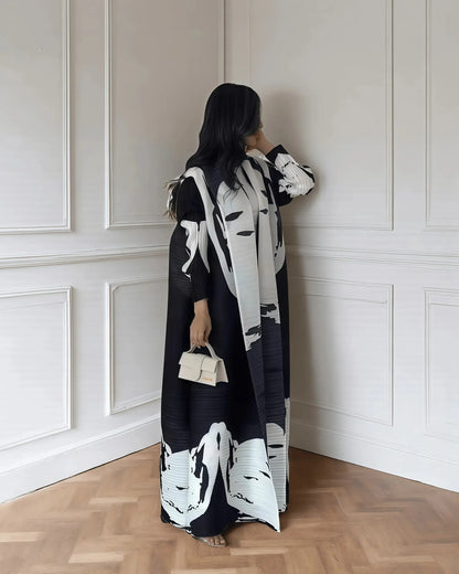 Women's Fold Miyake Pleated Abaya Long Sleeve Print Foldable Collar Robe Cardigan Coat New Winter Fashion Original Design 2026