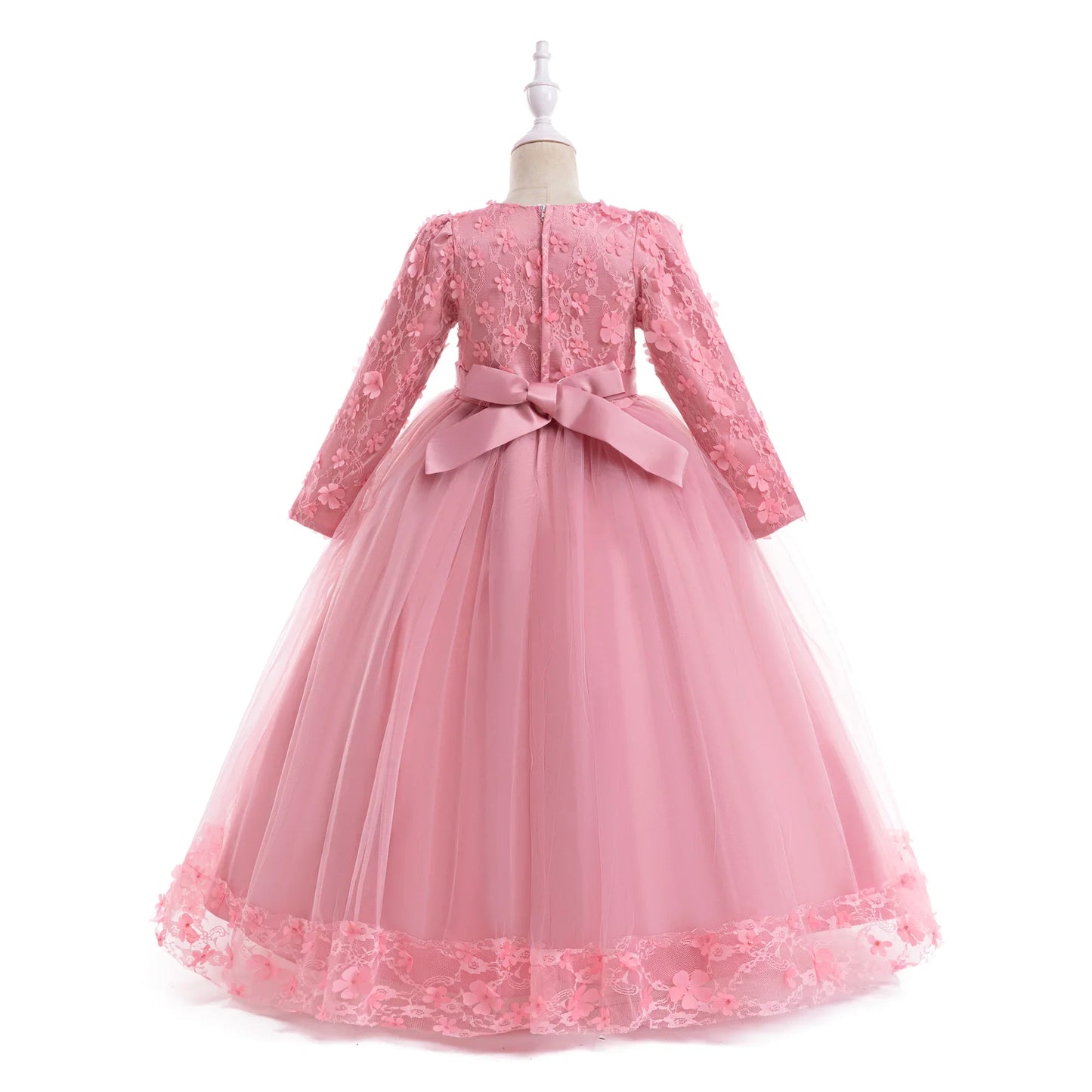 Long Sleeve Flower Bridesmaid Girls Dress Children Christmas Costume Lace Bow Princess Kids Dressees For Girl Party Wedding Gown