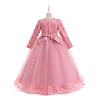 Long Sleeve Flower Bridesmaid Girls Dress Children Christmas Costume Lace Bow Princess Kids Dressees For Girl Party Wedding Gown