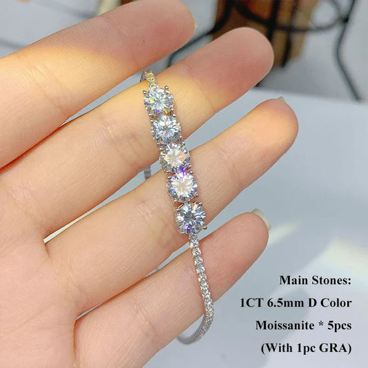 Bracelet chaîne réglable en moissanite rose, bleue et verte, diamants 6.5mm 5 carats, pour femme, en argent plaqué or 18 carats