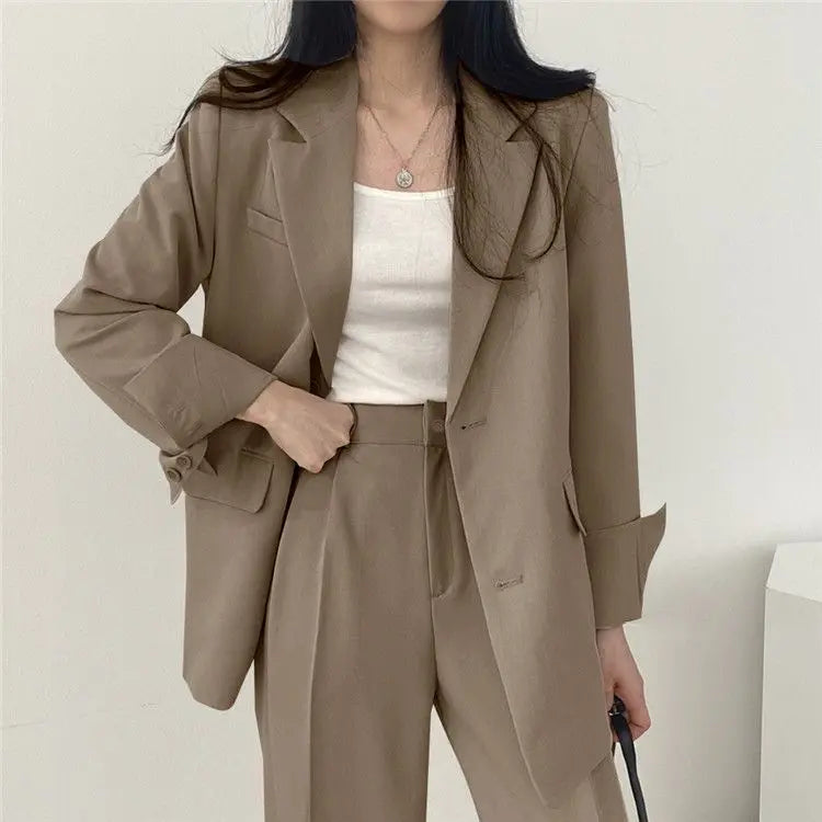 Casual Notch Lapel Suit Set with Button Thick Wide Leg Small Suit Pants High Waist Drape Polyester Business Lady Style Women