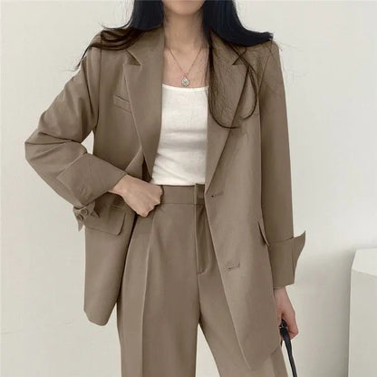 Casual Notch Lapel Suit Set with Button Thick Wide Leg Small Suit Pants High Waist Drape Polyester Business Lady Style Women