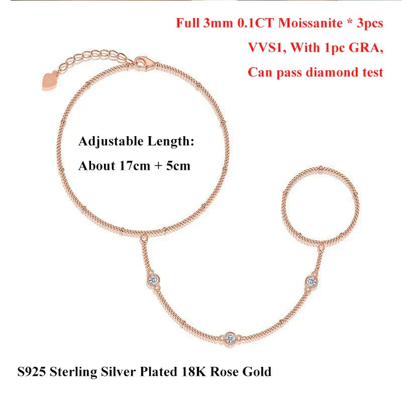 Round Bezel Full 0.1CT 3mm D Color Moissanite Diamond Link Bracelet for Women 925 Silver Adjustable 17-22cm Finger Chain