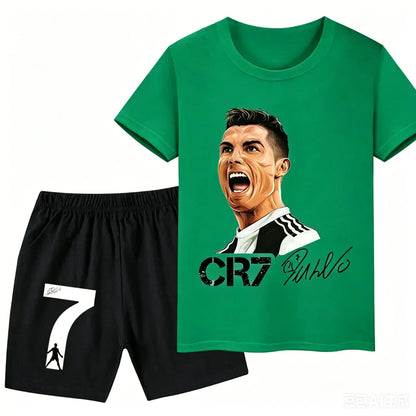 2026 Ronaldo Football Player CR7 Printed Children Clothing Casual T-shirt+Shorts 2pcs Sets Summer Kids Boys Fashion Sportsuits.