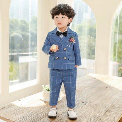 Blue Plaid Party Tuxedo 2 Pieces Blazer Pants With Bow-tie For Kids,Double Breasted Boys Suit Set Wedding Clothes