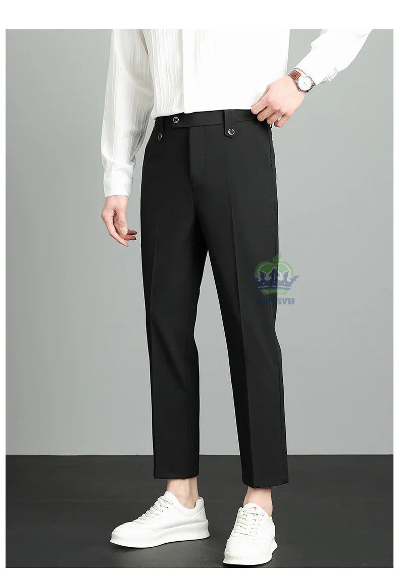 Brand High Quality Business Suit Ankle Length Pants Men Grey Khaki Waist Design Work Office Formal Long Trousers Male