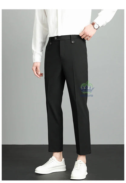 Brand High Quality Business Suit Ankle Length Pants Men Grey Khaki Waist Design Work Office Formal Long Trousers Male
