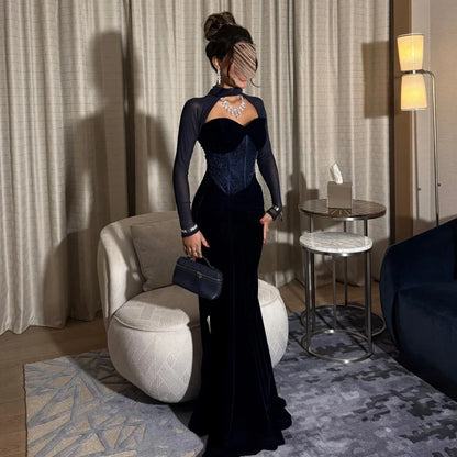 Customized Sexy Fashion Velour Beading Sequined Mermaid Square Neck Long Dresses Bespoke Occasion Dresses Sizes Available Retro