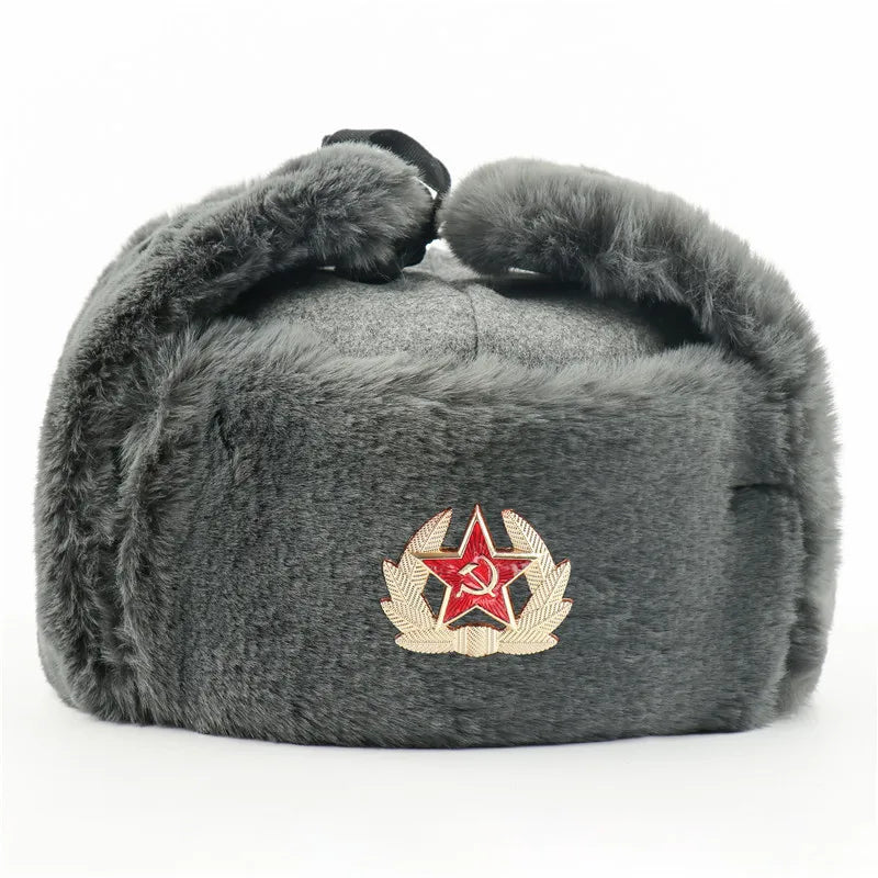 Soviet Badge Ushanka Men Winter Bomber Hats CCCP Pilot Faux Rabbit Fur Earflap Army Trapper Trooper Hat Russia Snow Cap