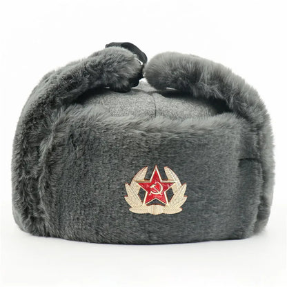 Soviet Badge Ushanka Men Winter Bomber Hats CCCP Pilot Faux Rabbit Fur Earflap Army Trapper Trooper Hat Russia Snow Cap