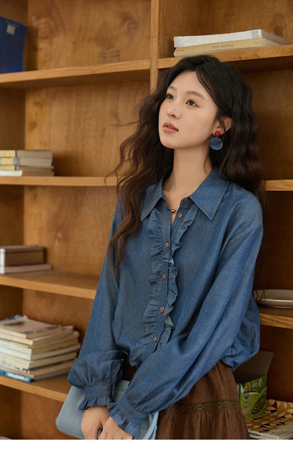 Blue Lyocell Imitation Denim Shirt for Women Autumn 2025 Ruffled Placket Contrasting Button Waist Cinc Shirt MXE43C2386