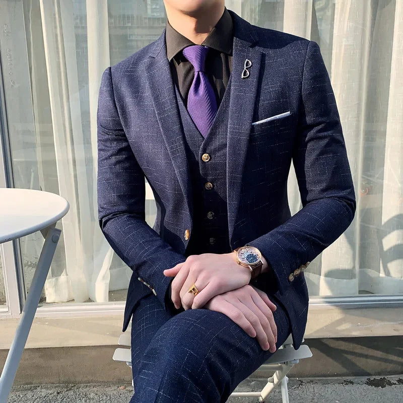 High Quality Slim-fit Men's Three-piece Suit with Vest And Trousers - Double Buckle Wedding Art Fabric Tough Man Suit