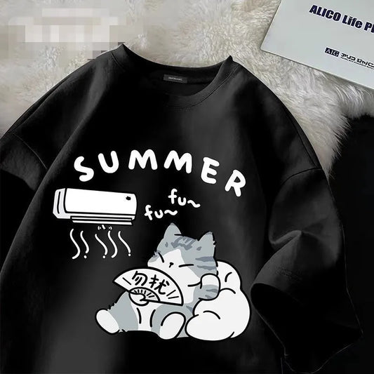 Summer Japanese Cartoon Cute Cat Funny Printed Short-sleeved T-shirt for Ladies and Boys Same Loose Casual Large-size Top
