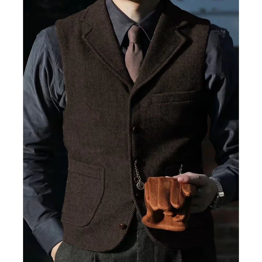 Men Vest Brown Herringbone With Lapel Single Breasted Waistcoat For Wedding Party Business Prom Work Daily Casual Men Suit Vest
