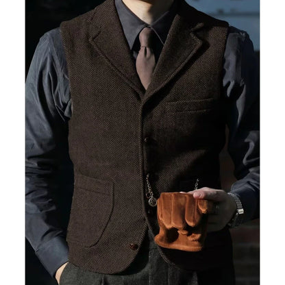 Men Vest Brown Herringbone With Lapel Single Breasted Waistcoat For Wedding Party Business Prom Work Daily Casual Men Suit Vest