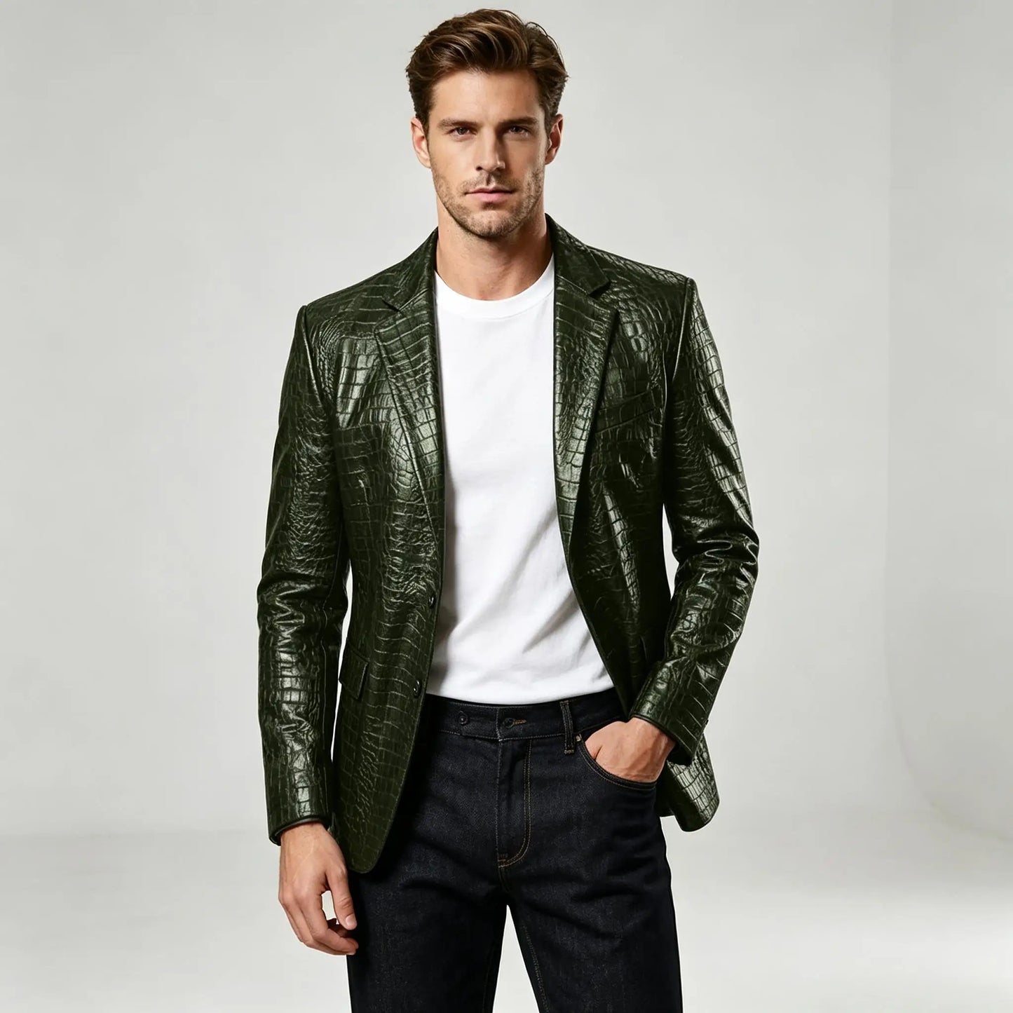 Men Crocodile Texture Leather Blazer Notched Lapel Slim Fit Single Breasted Suit Jacket Nightclub Party Business Outer Coat