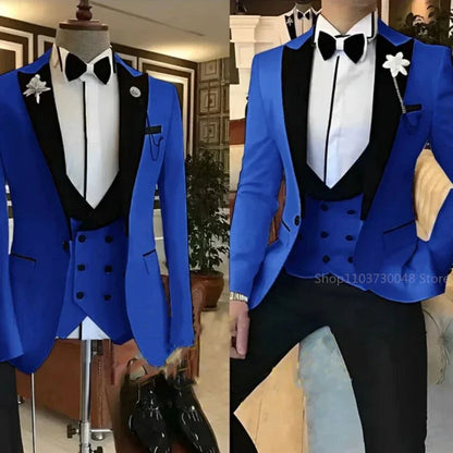 Solid Men's 3 Pieces Suit One Button Peak Lapel Jacket Vest Trousers Dinner Wedding Groom Tuxedos Slim Fit Formal Business Suits