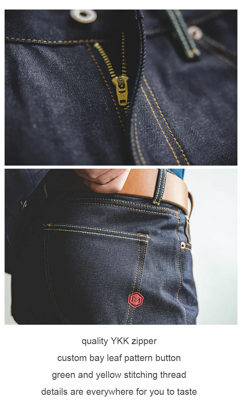 Retro 14.5oz Selvedge Raw Denim for Men's Jeans with YKK Zipper Fly Embroidery Straight Jeans Classic Solid Color Trousers