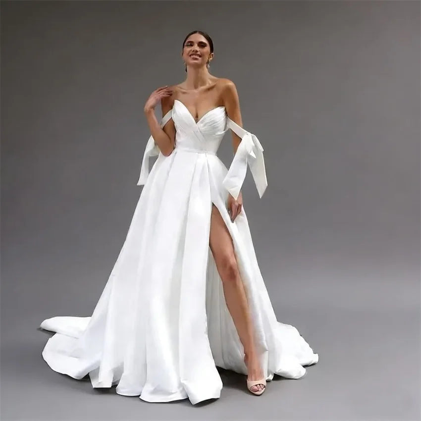 Customized Elegant Simple Satin Sweetheart Wedding Dresses Women Bow Pleated High Slit Bridal Gowns Button A-line Bride Dress